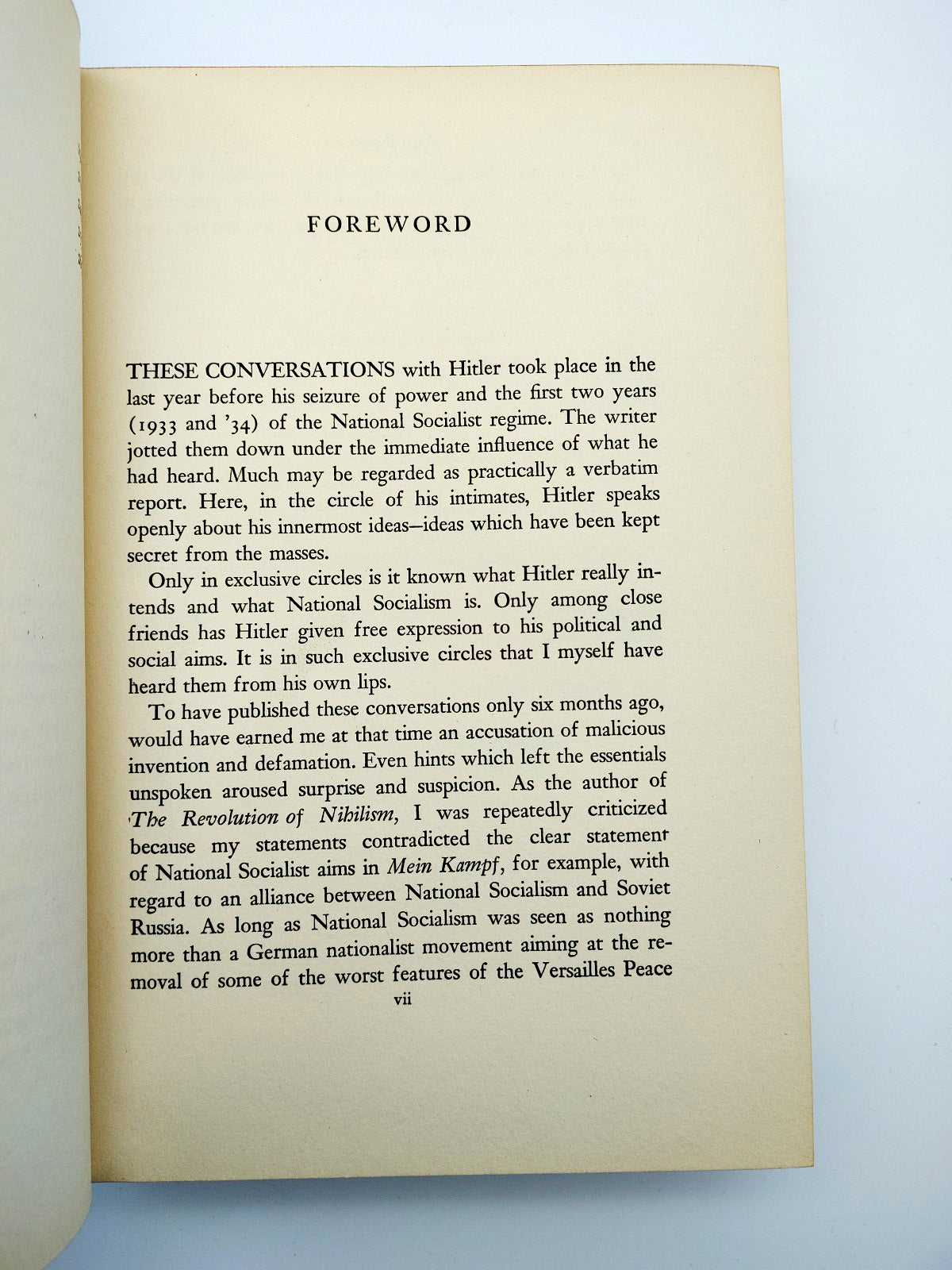 Foreword of first edition of Rauschning's The Voice of Destruction (Hitler Speaks) (1940)