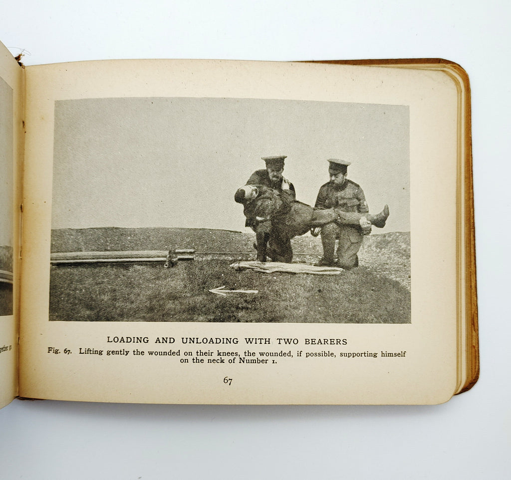 Picture of stretcher bearing with two bearers from first edition of Dupuy's The Stretcher Bearer (1915)