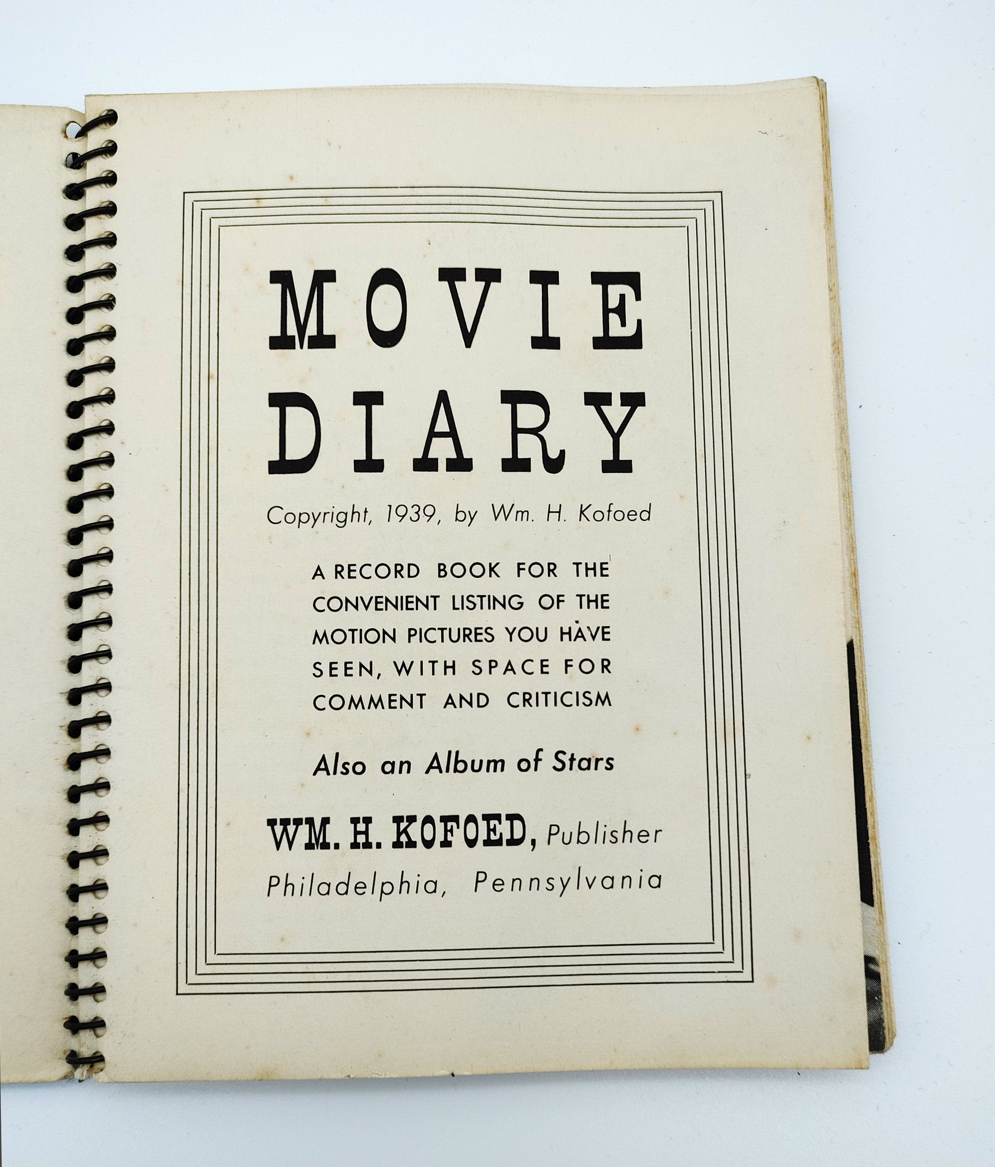 TItle page of Manuscript Movie Diary (1939)