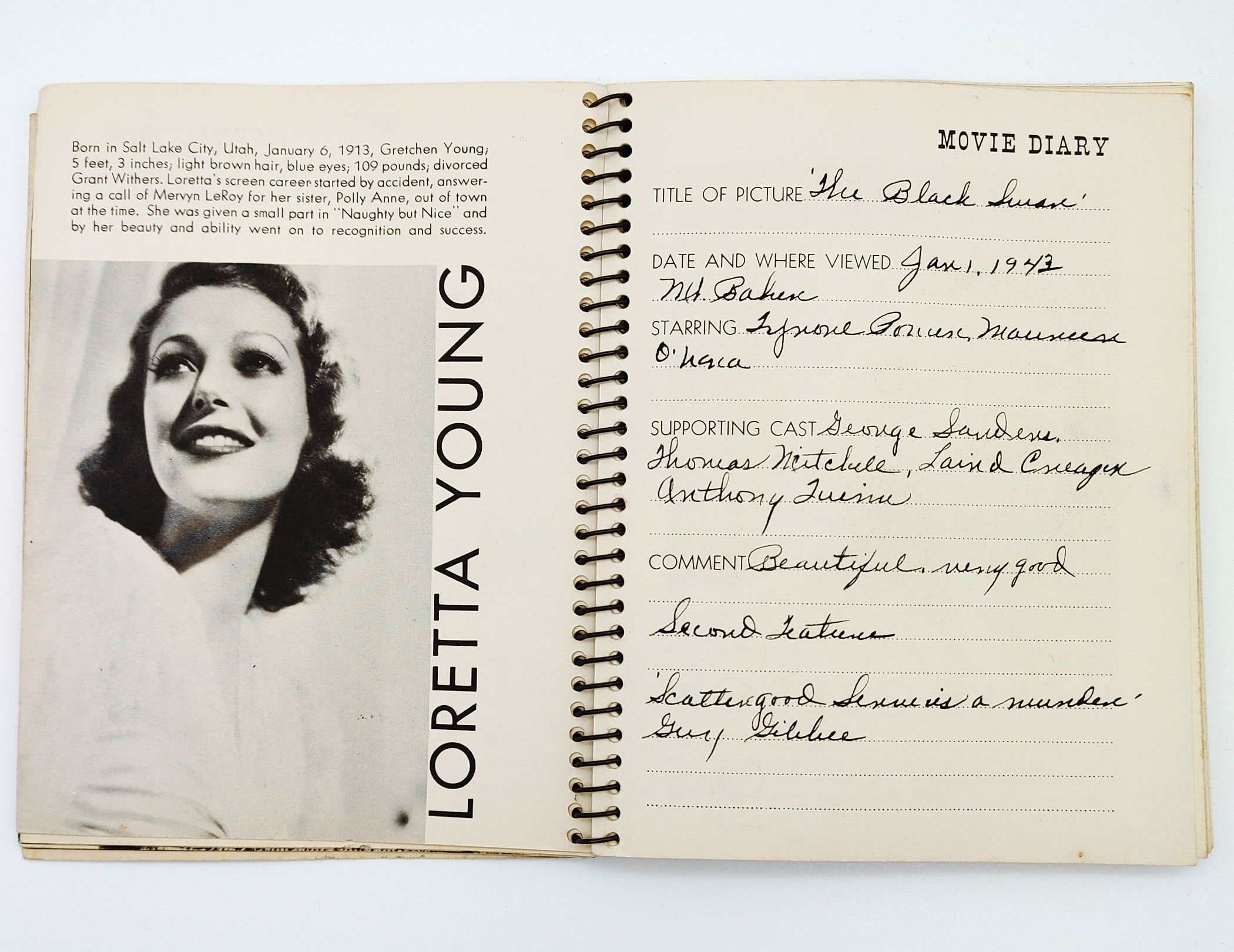 Loretta Young pages from Manuscript Movie Diary (1939)