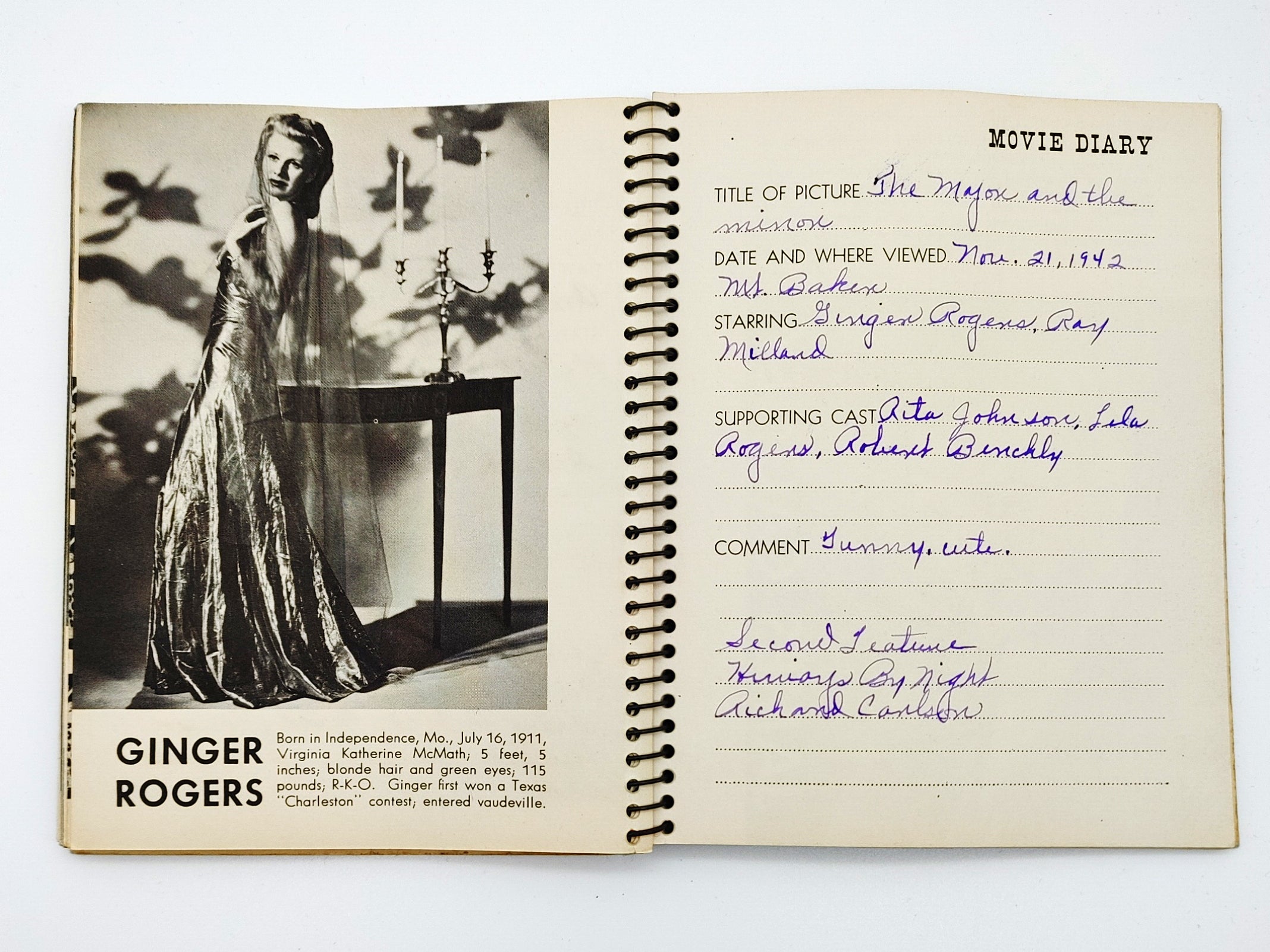 Ginger Rogers pages from Manuscript Movie Diary (1939)