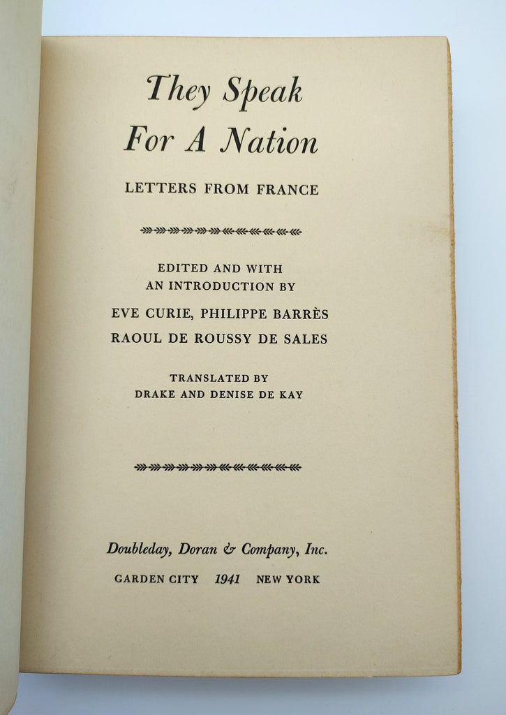 Title page of the first American edition of Curie's They Speak for a Nation: Letters from France (1941)