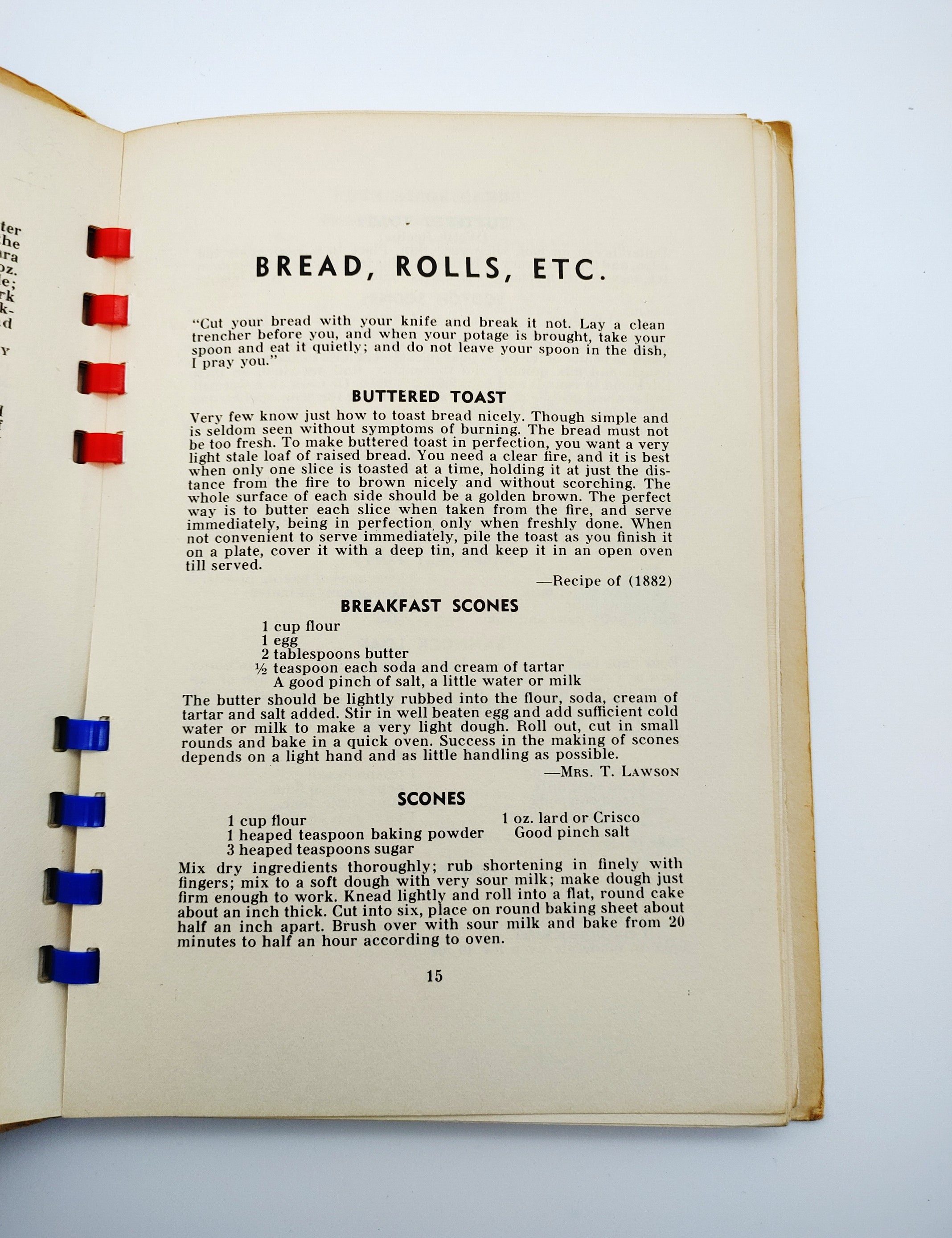 Recipes for buttered toast, breakfast scones, and scones from Adelaide Owen's World War 2 fundraising cookbook, Old and New British Recipes (1940)