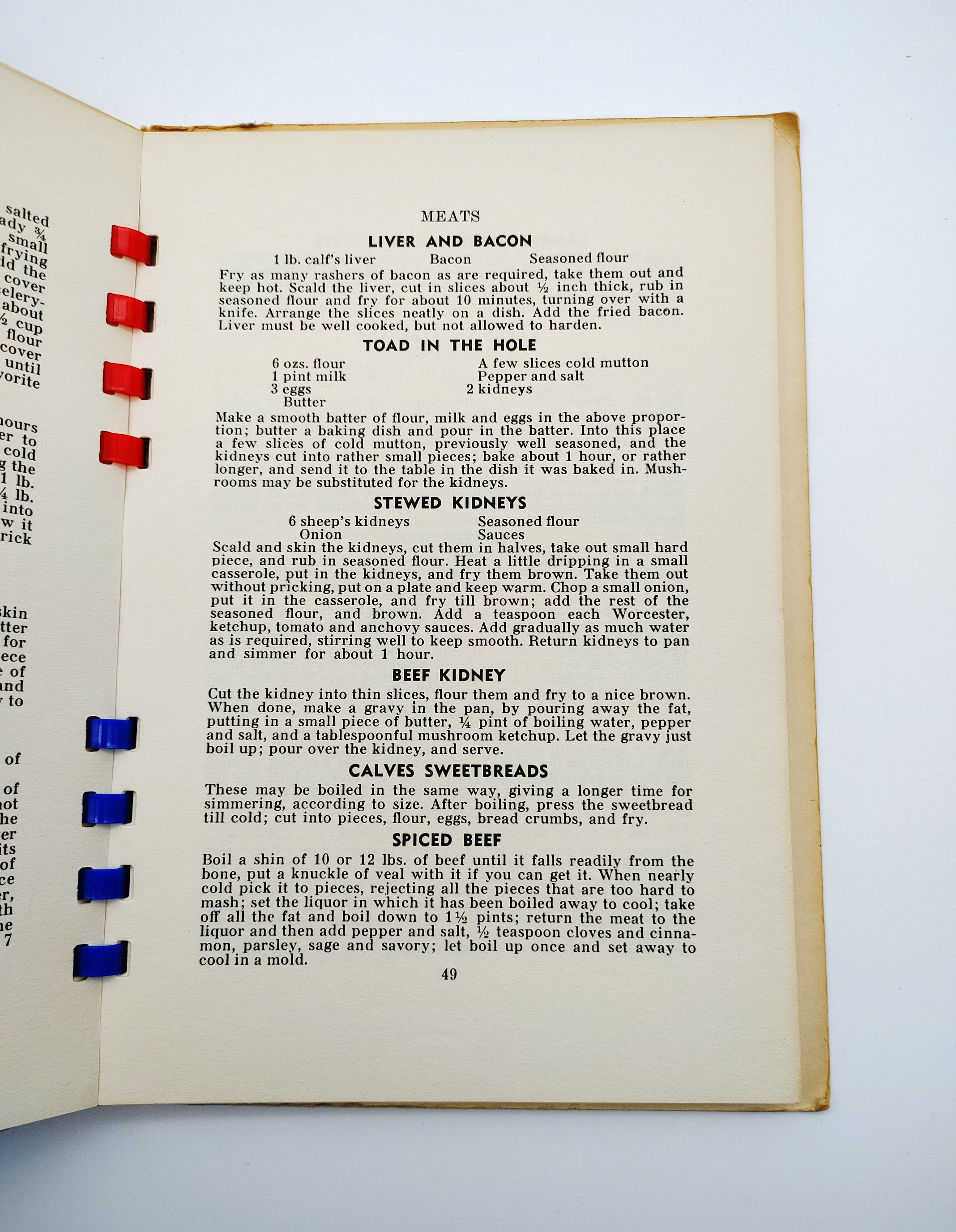 Recipes for liver and bacon, toad in the hole, stewed kidneys from Adelaide Owen's World War 2 fundraising cookbook, Old and New British Recipes (1940)