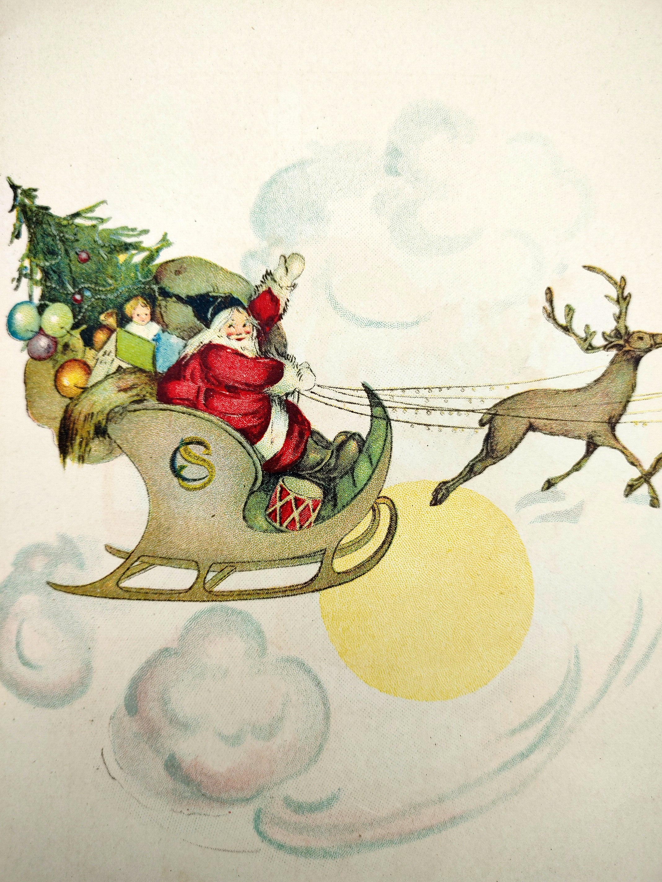 Illustration by Margaret Price Evans of Santa , his sleigh, and his reindeer from A Visit to Santa Claus (1916)