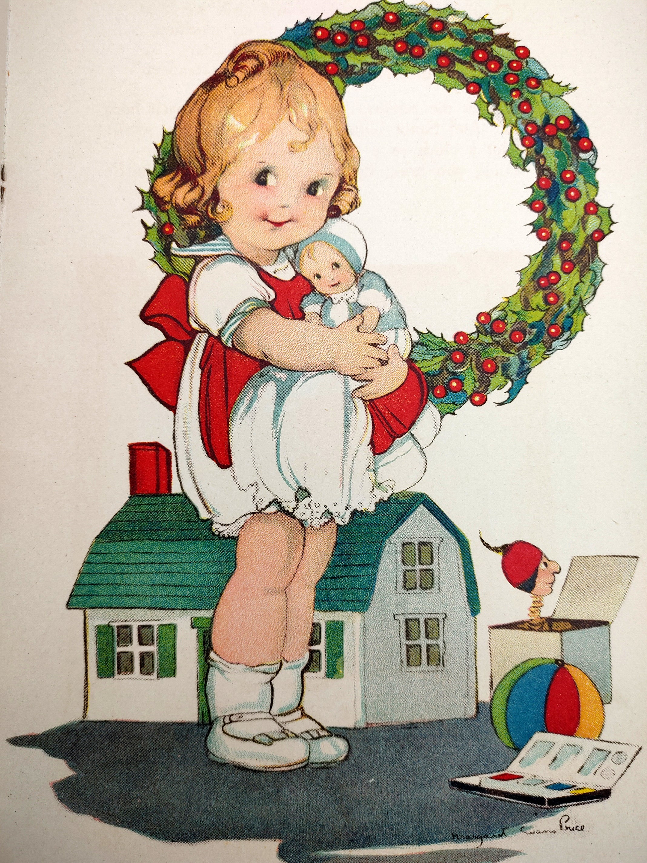 Illustration by Margaret Evans Price from A Visit to Santa Claus (1915) with a little girl holding her doll standing in front of toys and a Christmas wreath