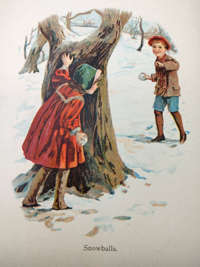 Illustration of two Victorian children throwing snowballs from the first edition of The Christmas Hamper (1906)