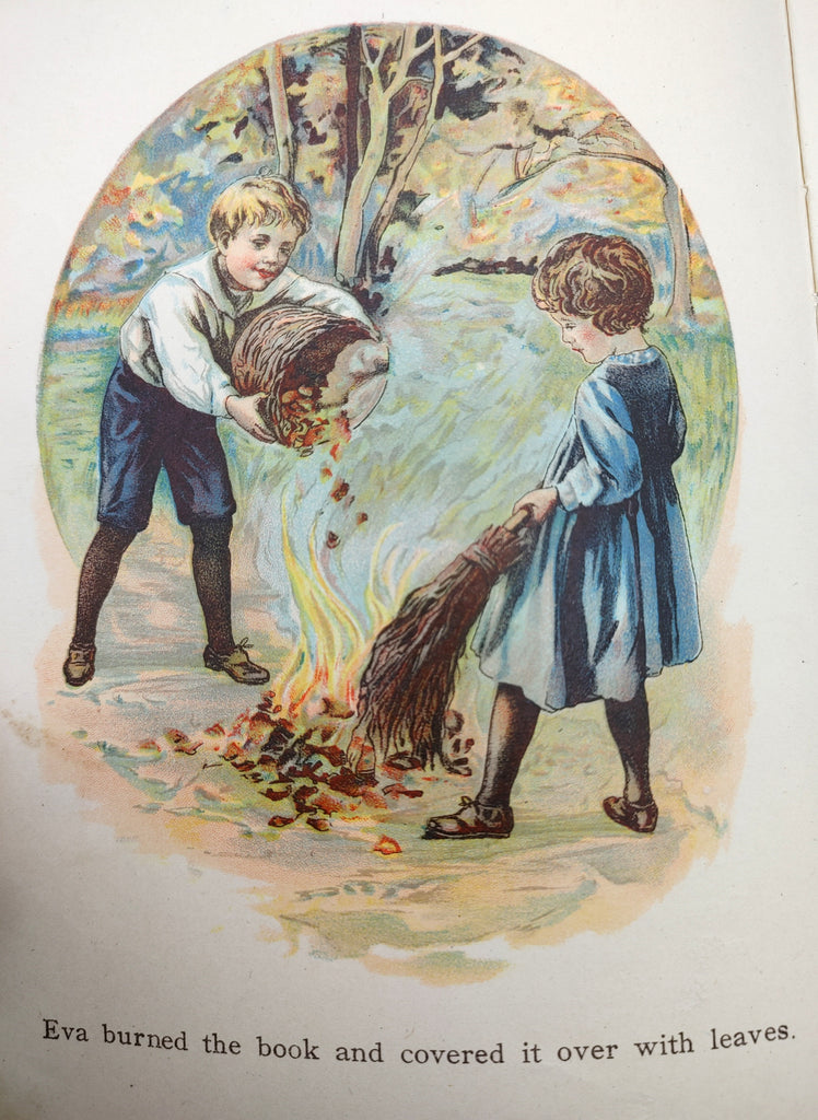 Illustration of kids burning a book from the first edition of Holiday Stories (1907)