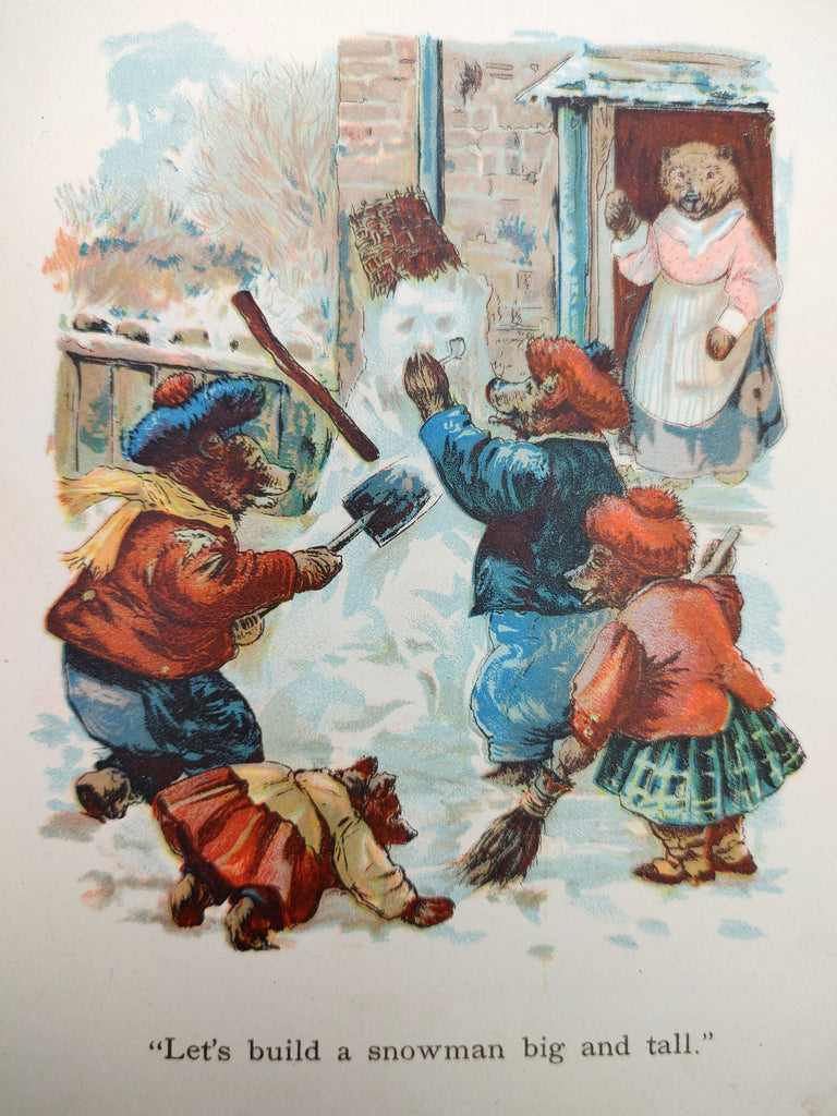 Illustration of bears building a snowman from the first edition of Holiday Stories (1907)