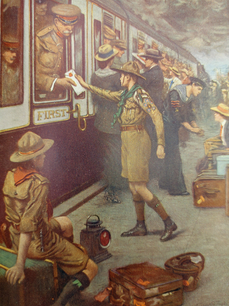 Illustration of men going to war by train assisted by scouts from the first edition of O'Neill's The War 1914 (1914)