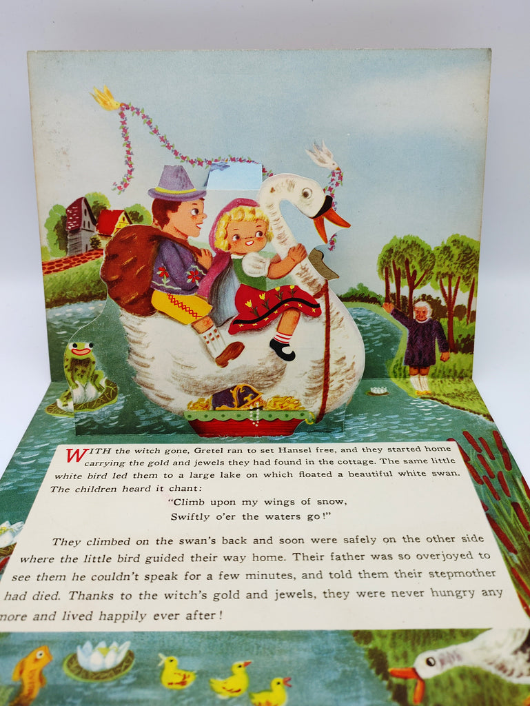 Pop-up of Hansel and Gretel riding a swan home from Jack Harig's Hansel and Gretel (circa 1950)
