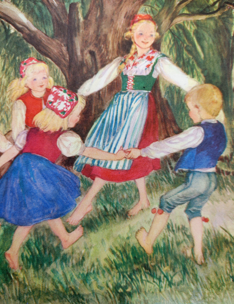 Illustration of four children in traditional Swedish costume dancing from Elin's Amerika (1941) by Marguerite de Angeli