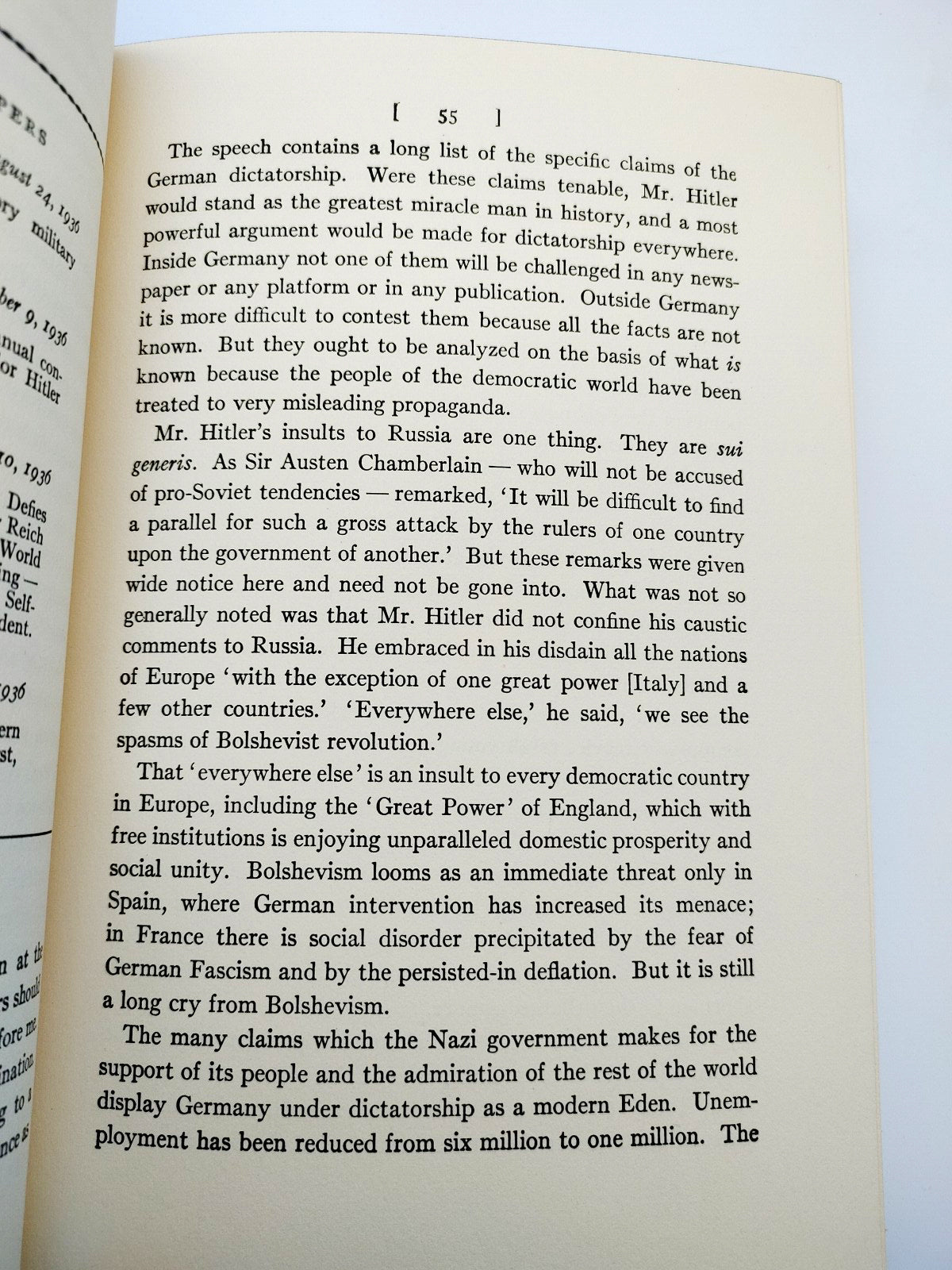 Page 55 about Hitler's attacks on Bolshevism from the first edition of Dorothy Thompson's Let the Record Speak (1939)