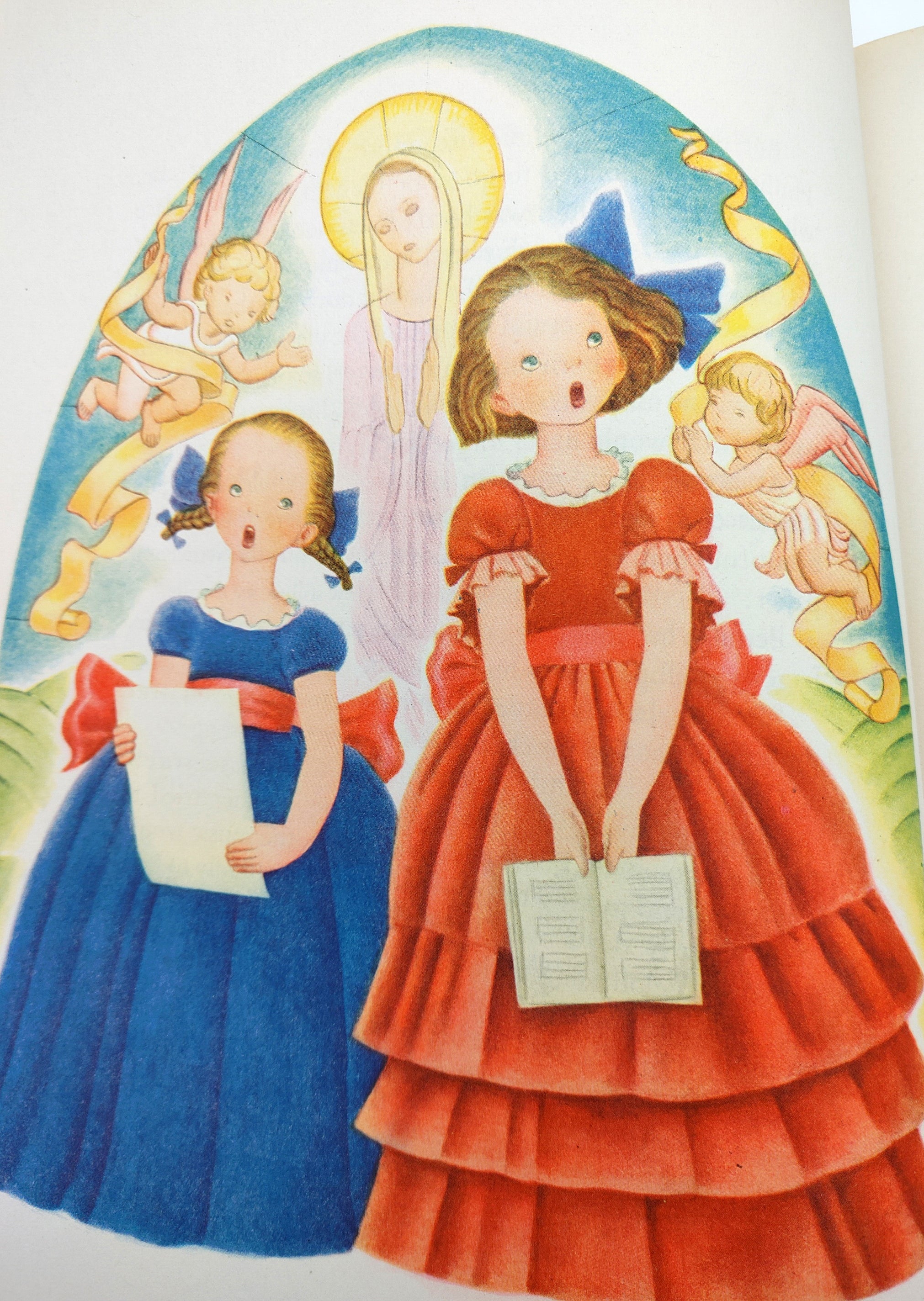 Illustration of girls singing from Opal Wheeler's Sing for Christmas (1943)