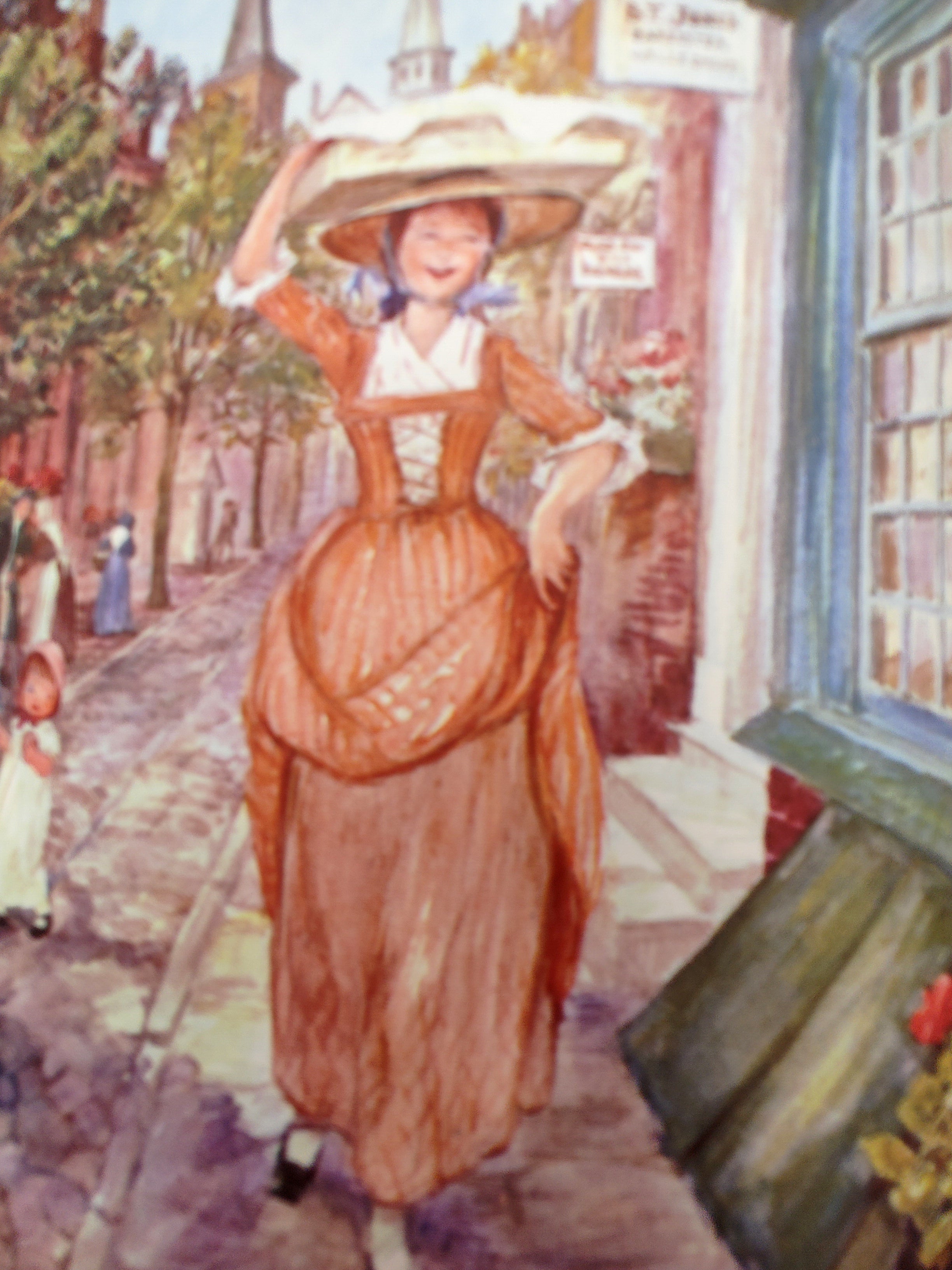 Illustration of a woman carrying baked goods on her head from Book of Nursery and Mother Goose Rhymes (1954)