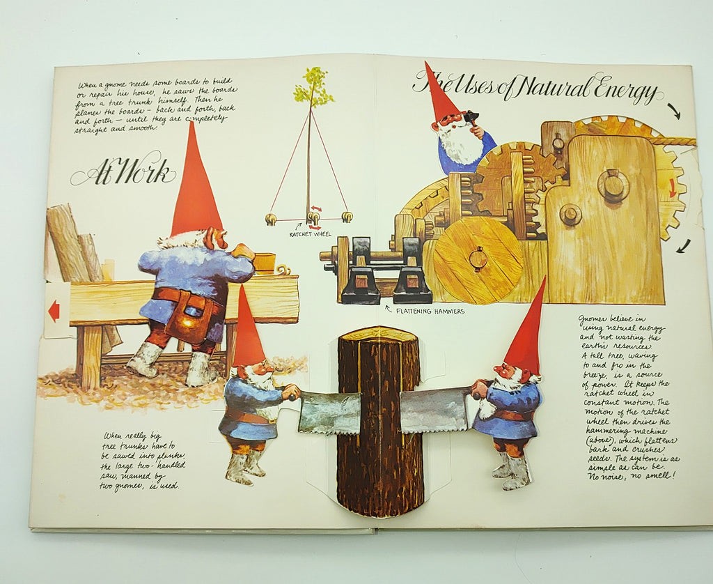 Pop-up illustration of gnomes at work with lumber from the first edition of The Pop-Up Book of Gnomes (1979)