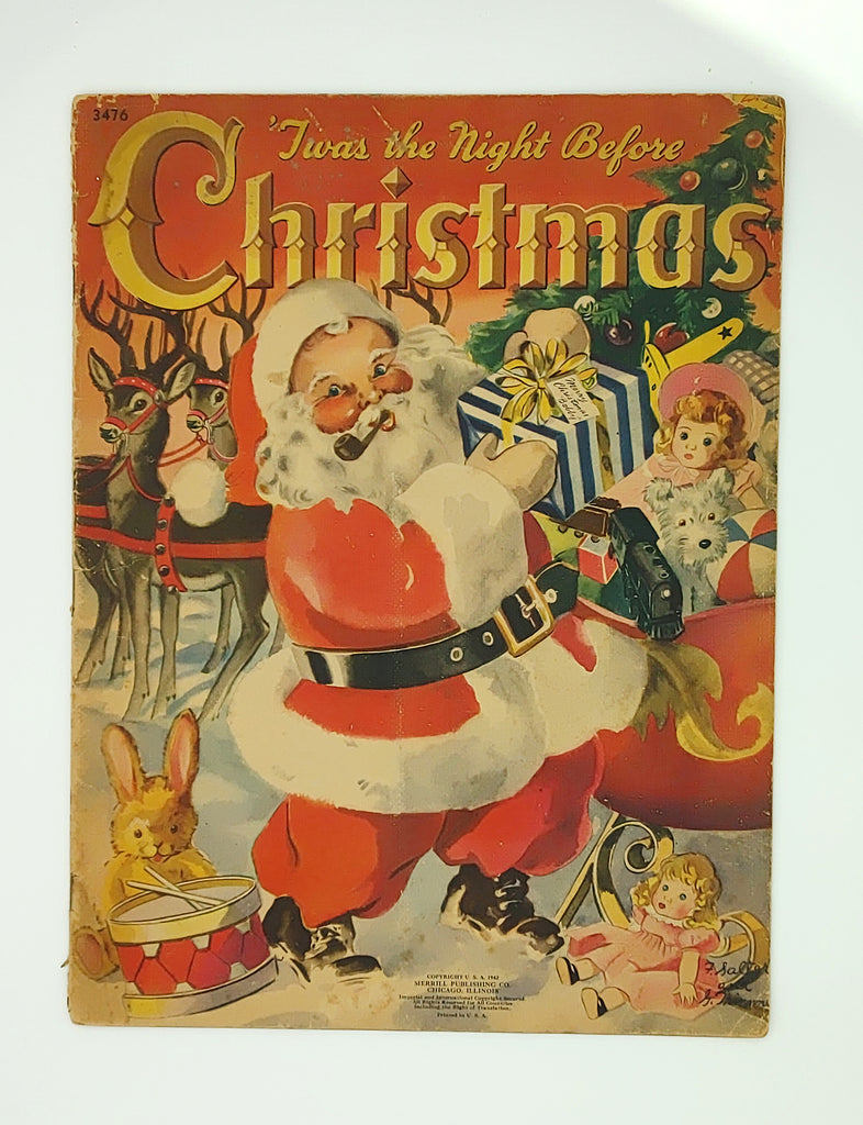 Cover of 1942 copy of Twas the Night Before Christmas featuring Santa, his reindeer, and loads of gifts