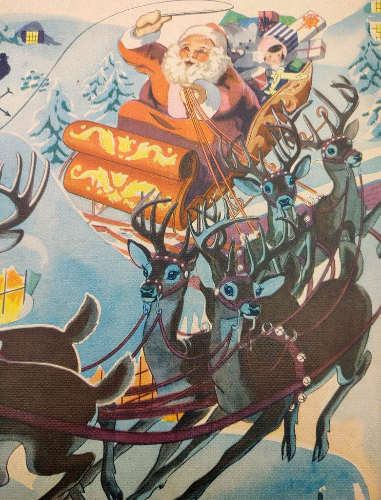 Illustration of Santa flying the sleigh pulled by his reindeer