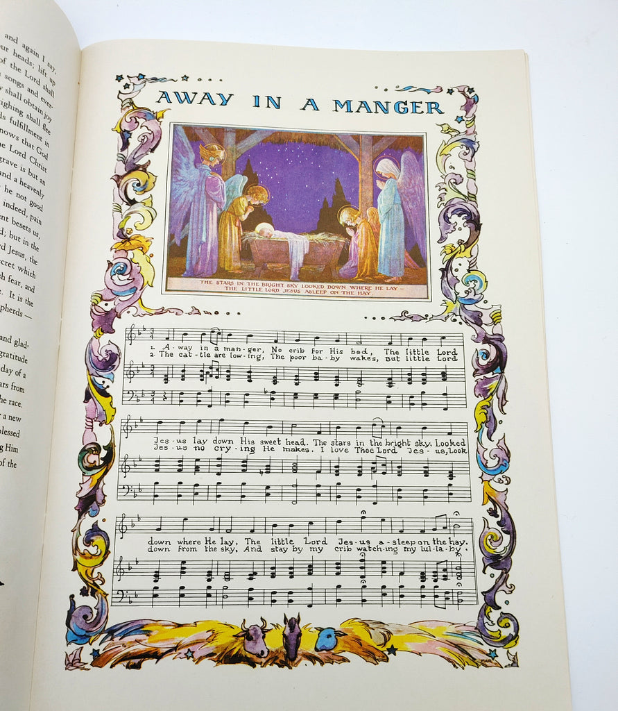 Illustrated music page of Away in a Manger from The Margaret Tarrant Christmas Book (1940)