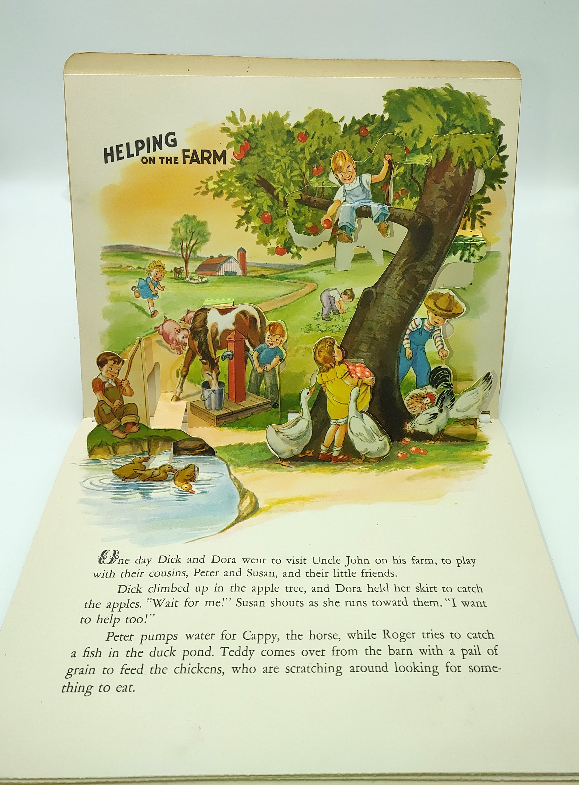 Pop-up illustration of children helping on the farm from the first edition of Play Time In Action (1949)