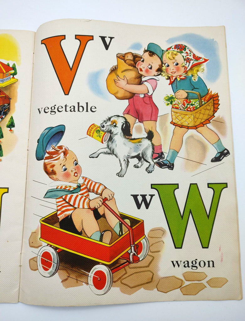 Page with V (vegetable) and W (wagon) of Florence Salter's ABC