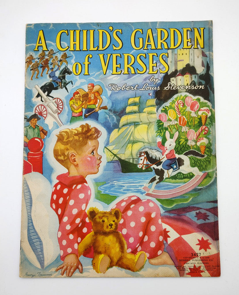 Cover of George Trimmer's version of A Child's Garden of Verses showing a boy in his bed imagining adventures