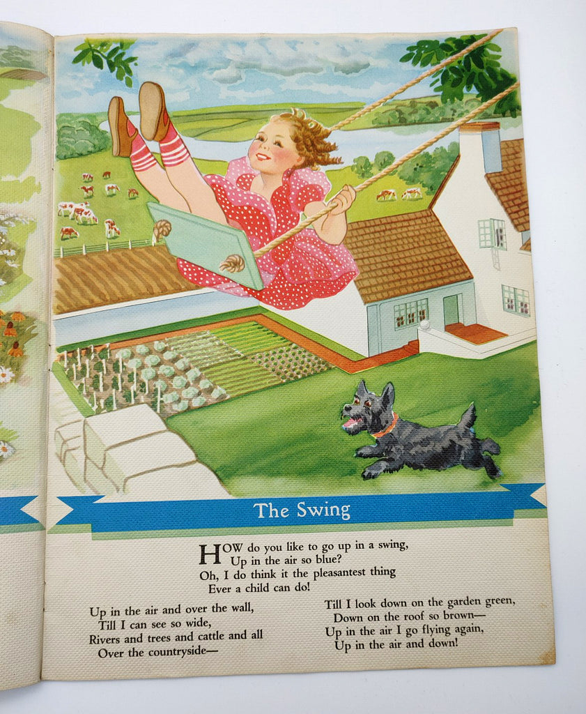 Page from A Child's Garden of Verses featuring the poem "The Swing" with a George Trimmer illustration of a little girl swinging