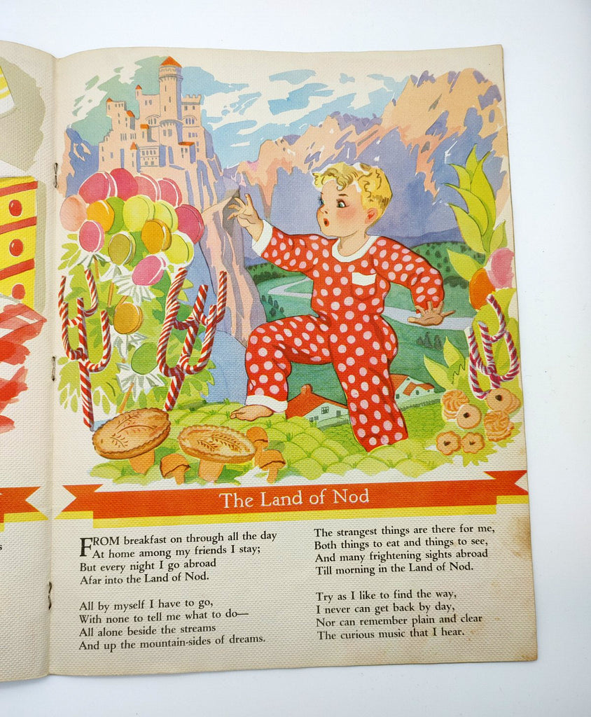 Page from A Child's Garden of Verses featuring the poem, "The Land of Nod," with a George Trimmer illustration of a boy in a candy forest near a castle.