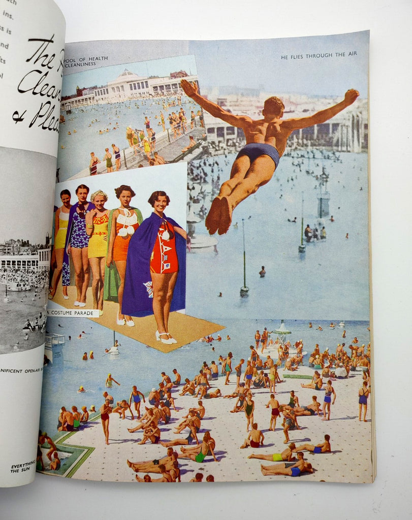 Color photographic page from the guidebook Blackpool (1939) showing people at a pool