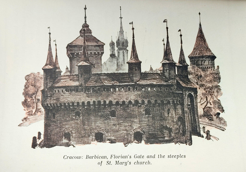 Illustration of Florian's Gate, the Barbican, and St. Mary's in Krakow from the first edition of Cracow (1929)