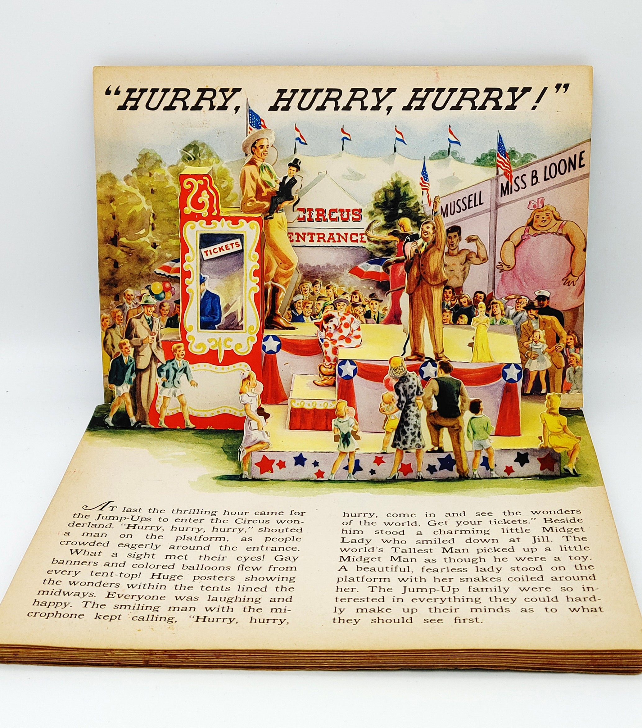 Pop-up illustration of the ticket booth and entrance of the circus from Geraldine Clyne's The Jolly Jump-Ups See the Circus (1944)