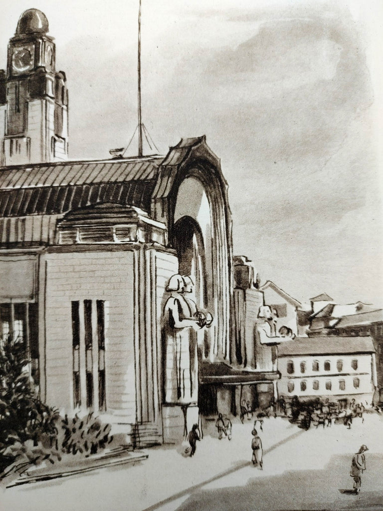 Illustration by Walter Chappell of Helsinki train station from Libushka Bartusek's Happy Times in Finland (1941)