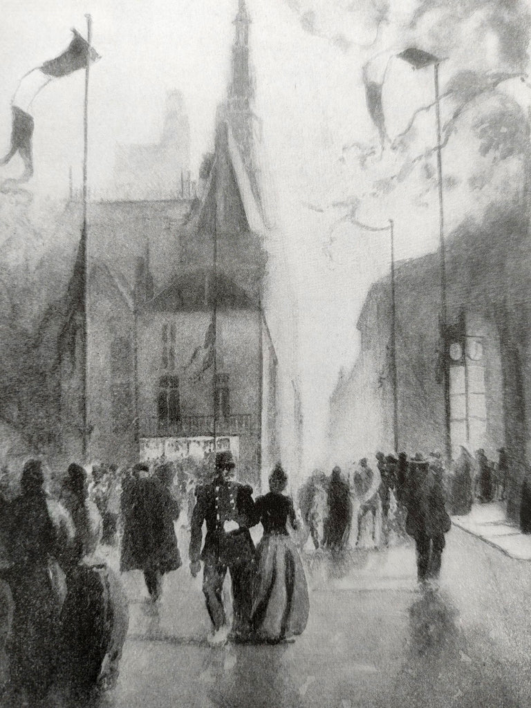 Illustration of a street scene from the first edition of Ernest Peixotto's Through the French Provinces (1909)