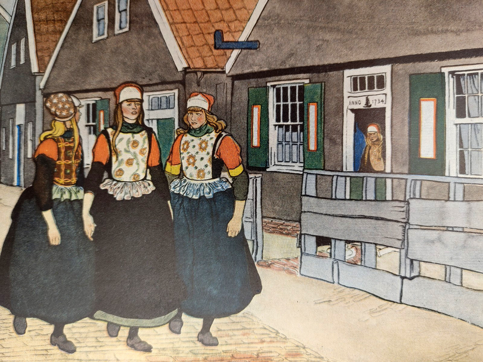 Color illustration of three Dutch women from the first edition of Edward Penfield's Holland Sketches (1907)