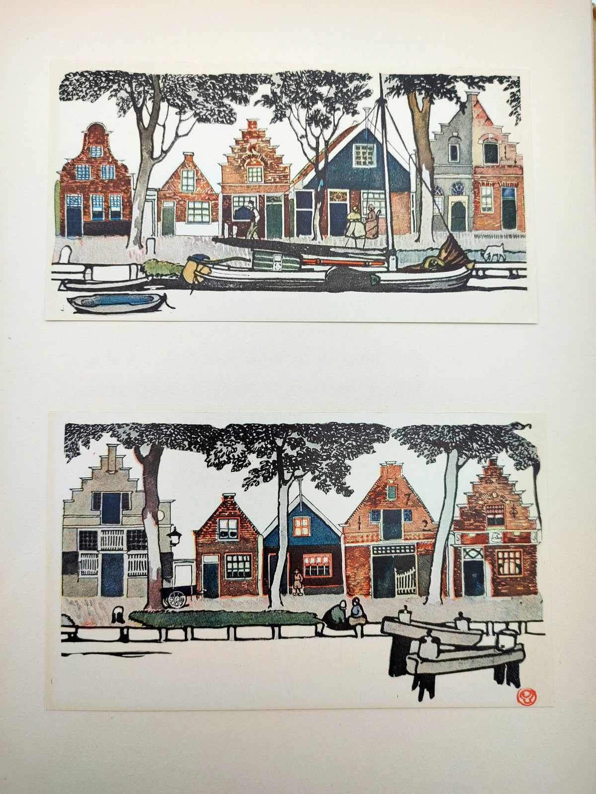 Mounted illustrations of Dutch street scenes from the first edition of Edward Penfield's Holland Sketches (1907)