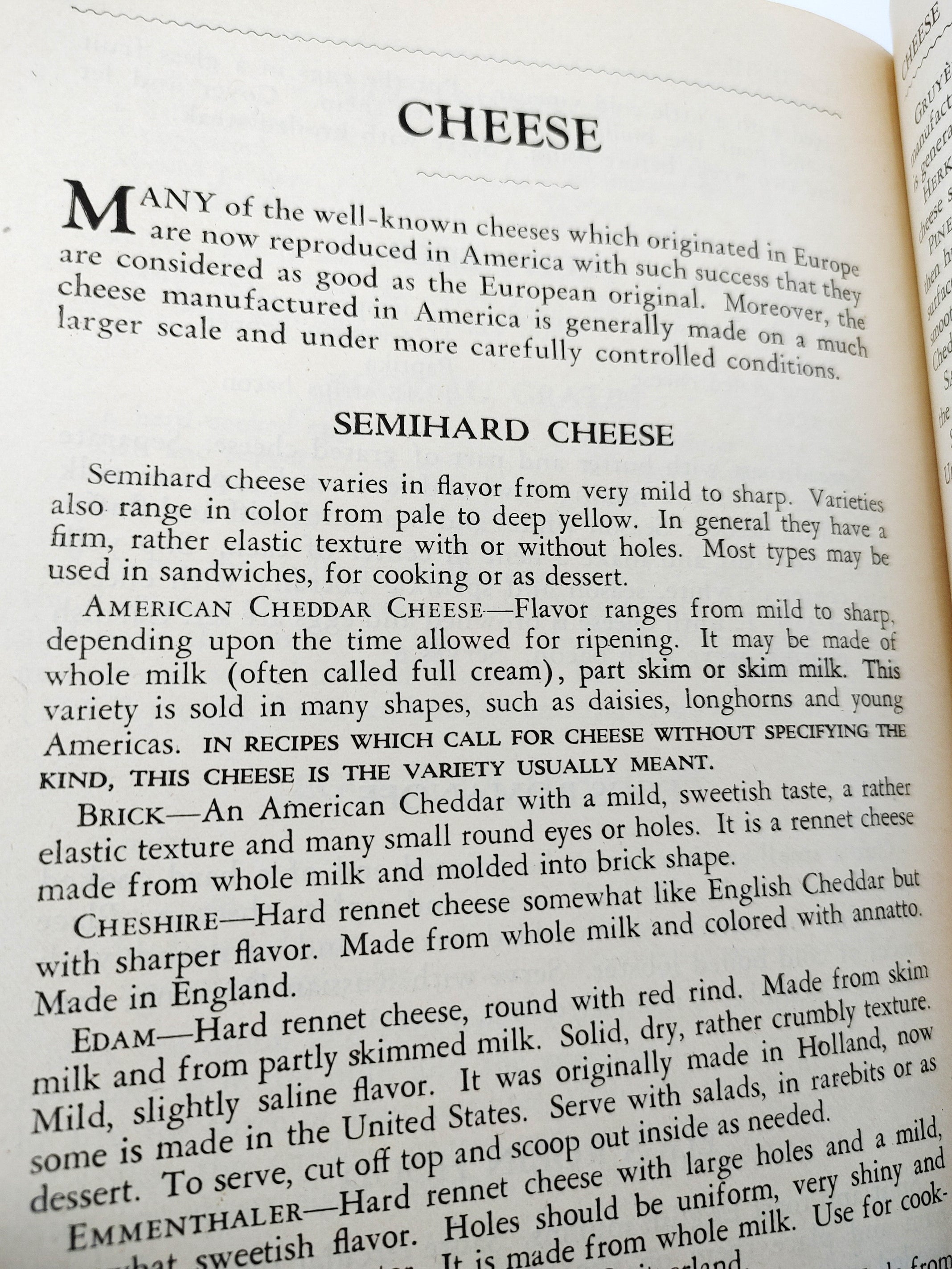 Page promoting American cheese and explaining semihard cheese types from American Woman's Cook Book (1944)