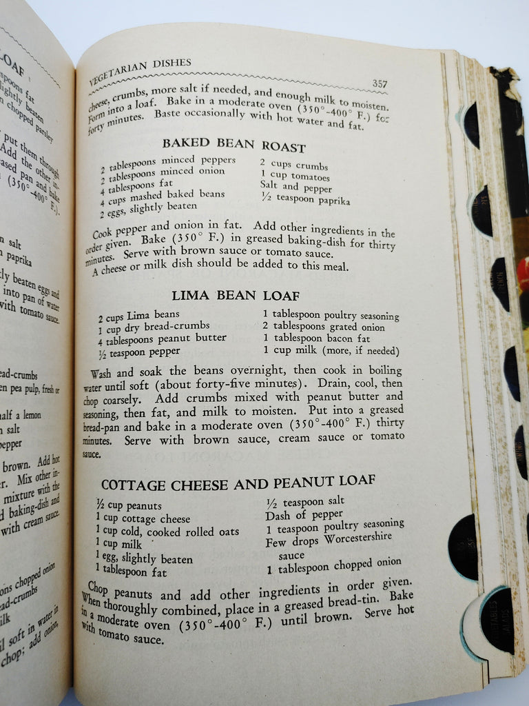 Page featuring recipes for Baked Bean Roast, Lima Bean Loaf, and Cottage Cheese and Peanut Loaf from American Woman's Cook Book (1944)