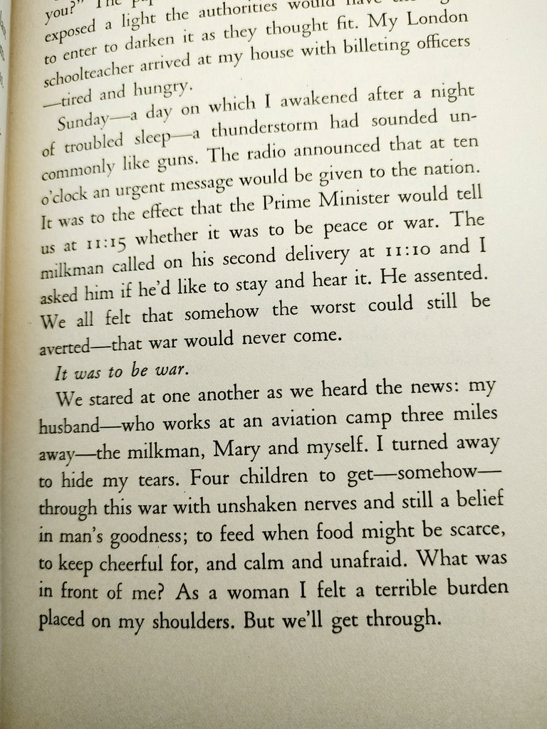 Page from A Woman Faces the War discussing the outbreak of World War II