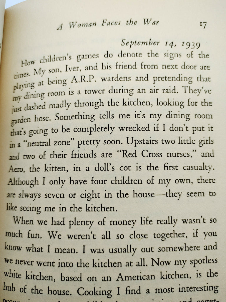 Early page from A Woman Faces the War (1940), discussing the change in children's play and family during the war