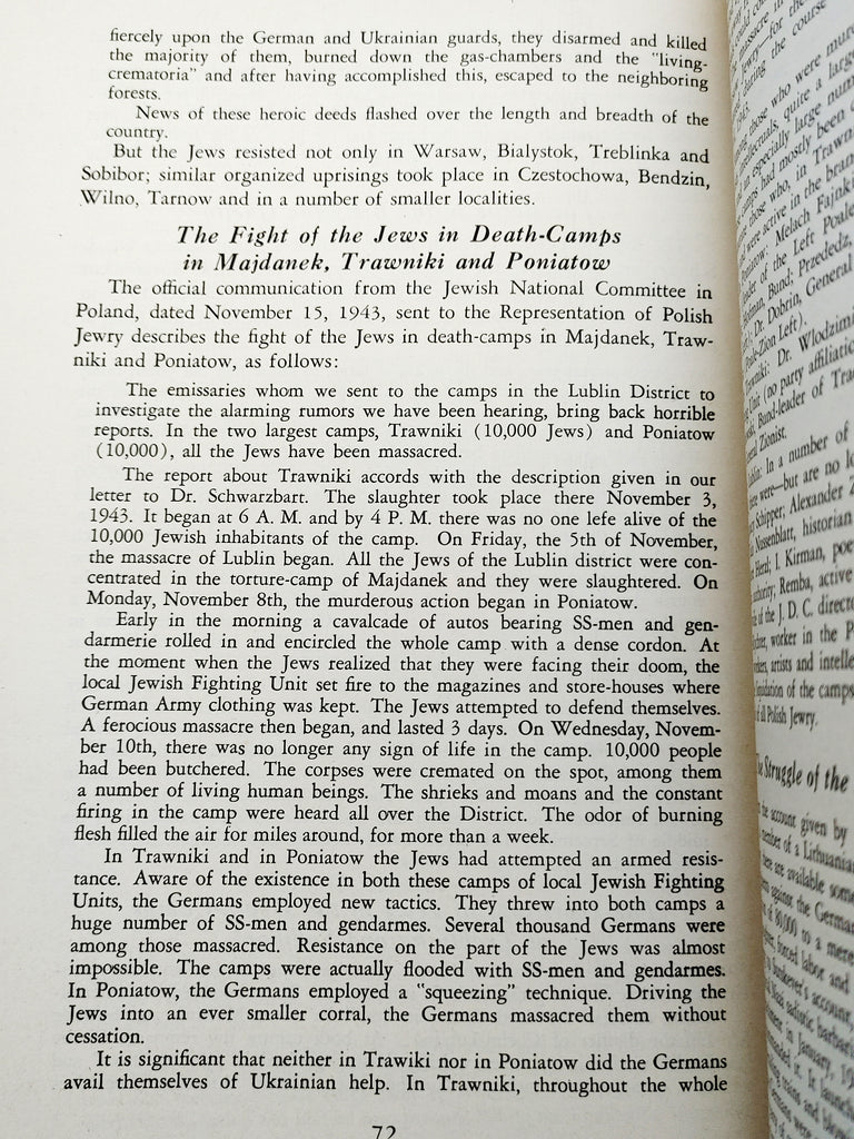 Text page elaborating the fight of the Jews in concentration death camps including Majdanek from the first edition of Armed Resistance of the Jews in Europe (1944)