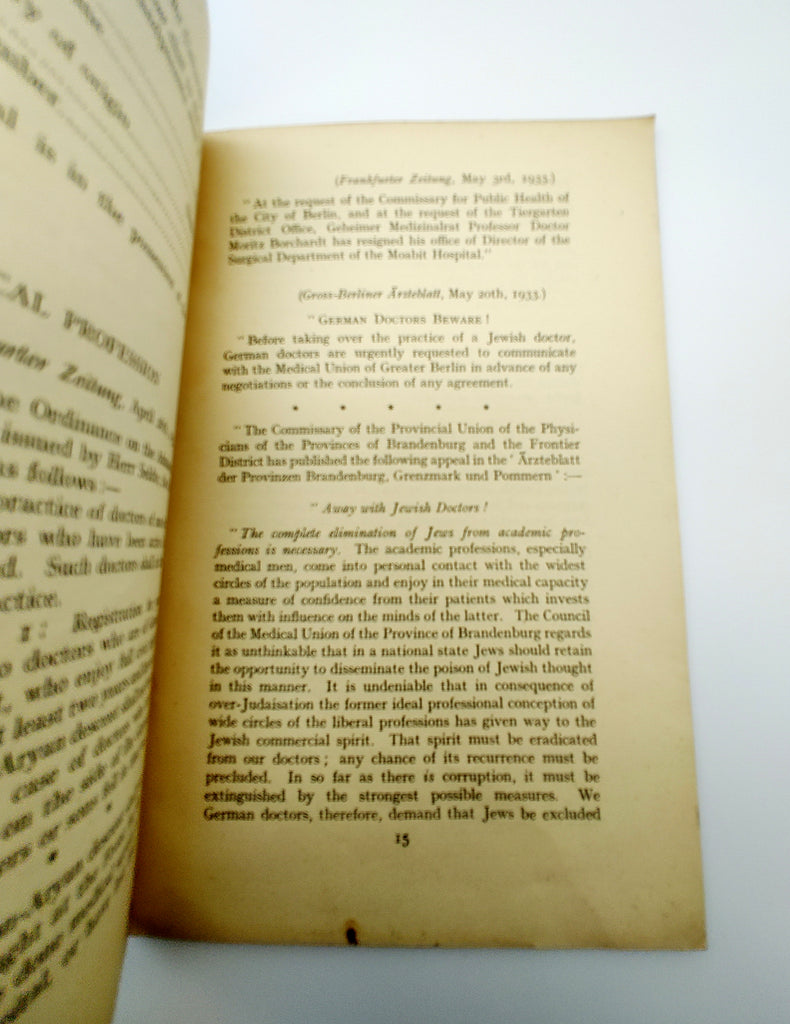 Text page about the oppression of Jewish doctors from The Persecution of the Jews in Germany: Supplementary Bulletin No. 2 (1933)