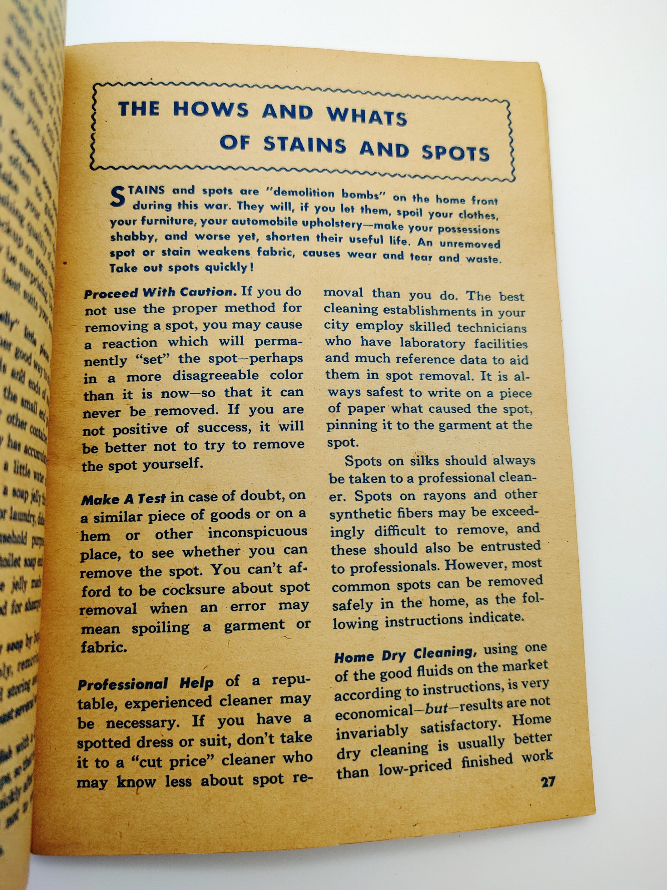 Page from 500 War-Time Saving Secrets about stain and spot removal