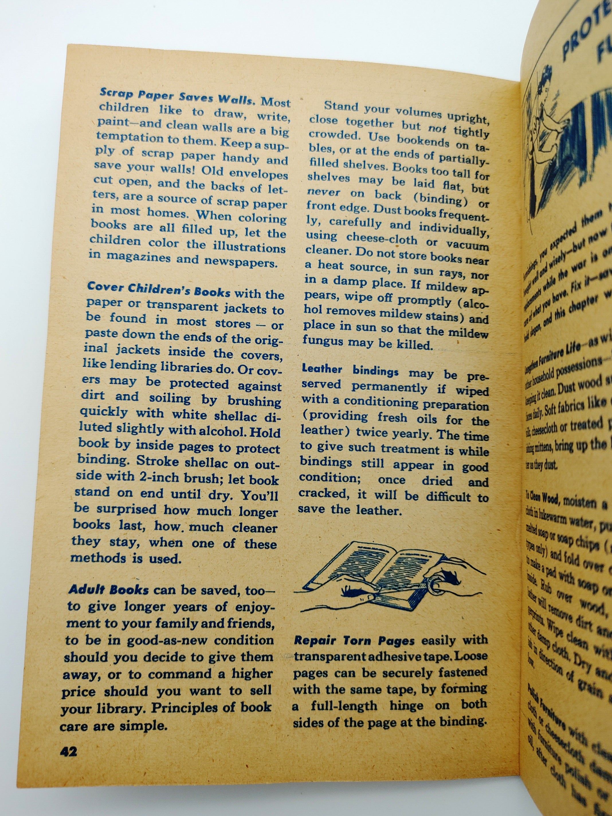 Page from 500 War-Time Saving Secrets (1943) about how to preserve and repair books.